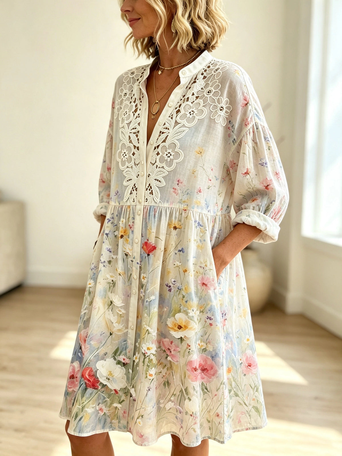 Women's Floral Crochet Lace Shirt Dress