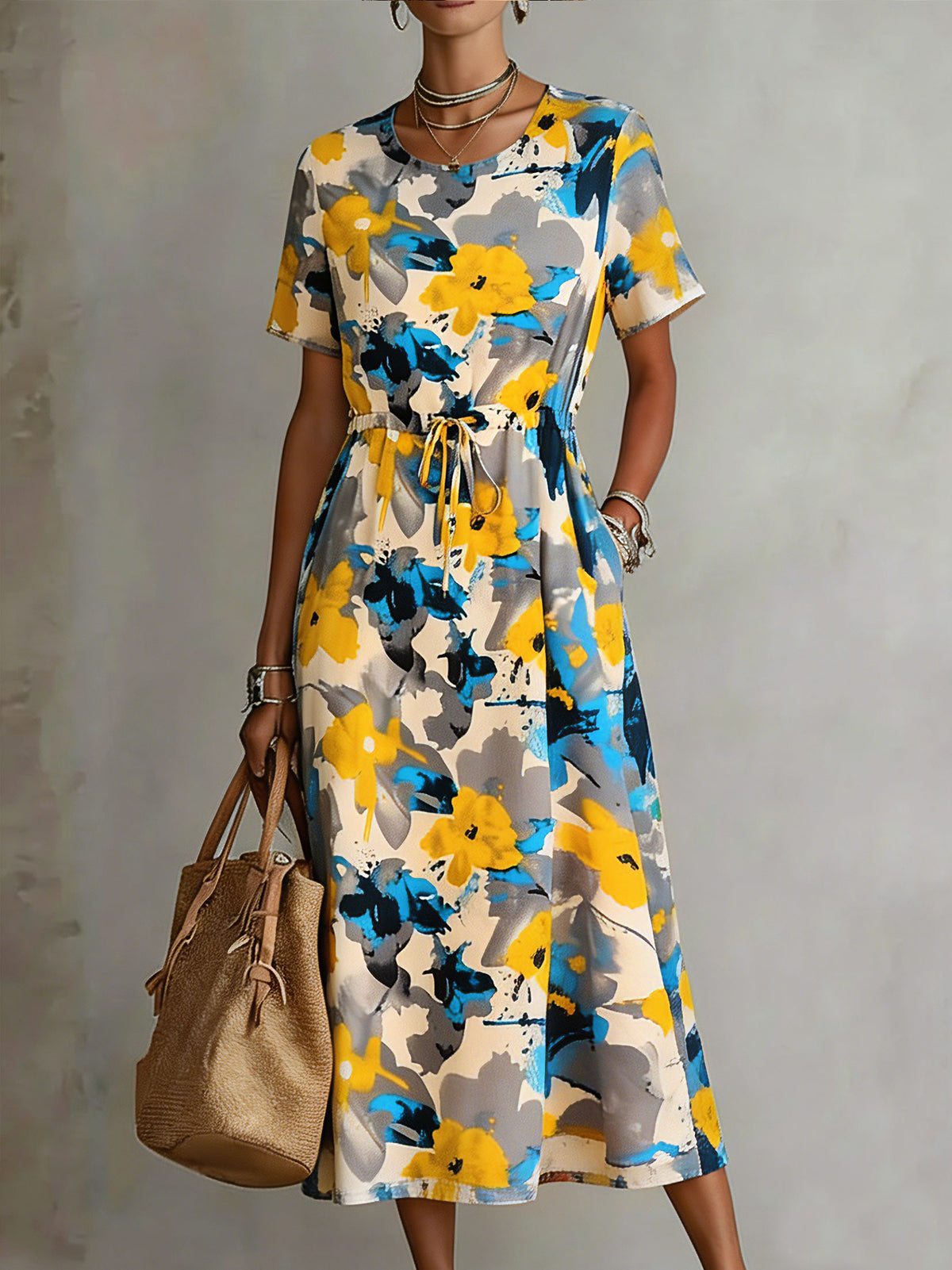 Women's Abstract Floral Print Short Sleeve Drawstring Waist Pocket Midi Dress