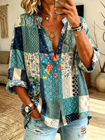 Women’s Blue Tone Patchwork Floral Geometric Print Ruffle Collar Loose Button Down Blouse