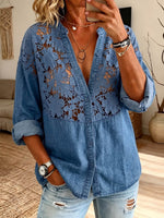 Vintage Elegant Openwork Lace Patchwork Denim Shirt