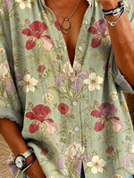 Women's Floral Pattern Art Print Casual Long Sleeve Cotton Linen Shirt