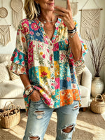 Women's Patchwork Floral Stand Neck Ruffle 3/4 Flare Sleeve Shirt