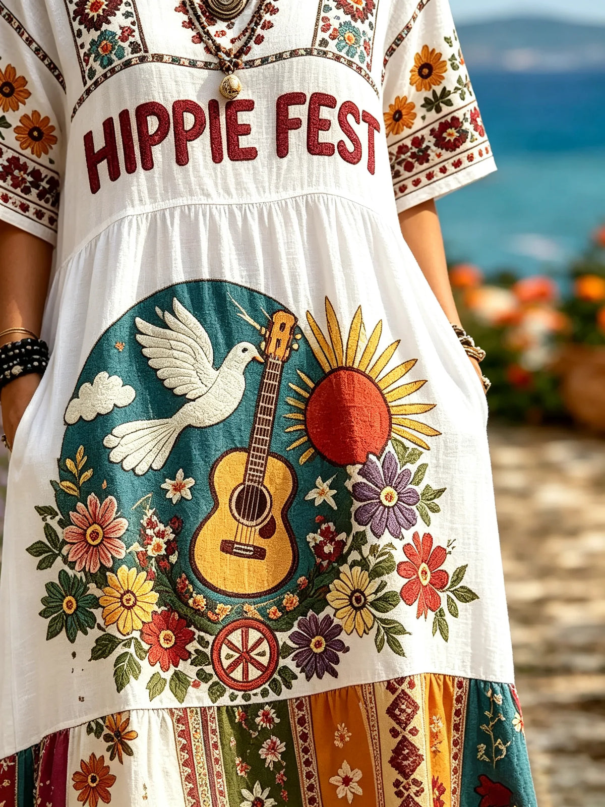 Women's Hippie Fest Guitar Dove Sun Floral Ethnic Print Short Sleeve Tiered Midi Dress