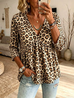 Women's Classic Leopard Print V-Neck Babydoll 3/4 Sleeve Top