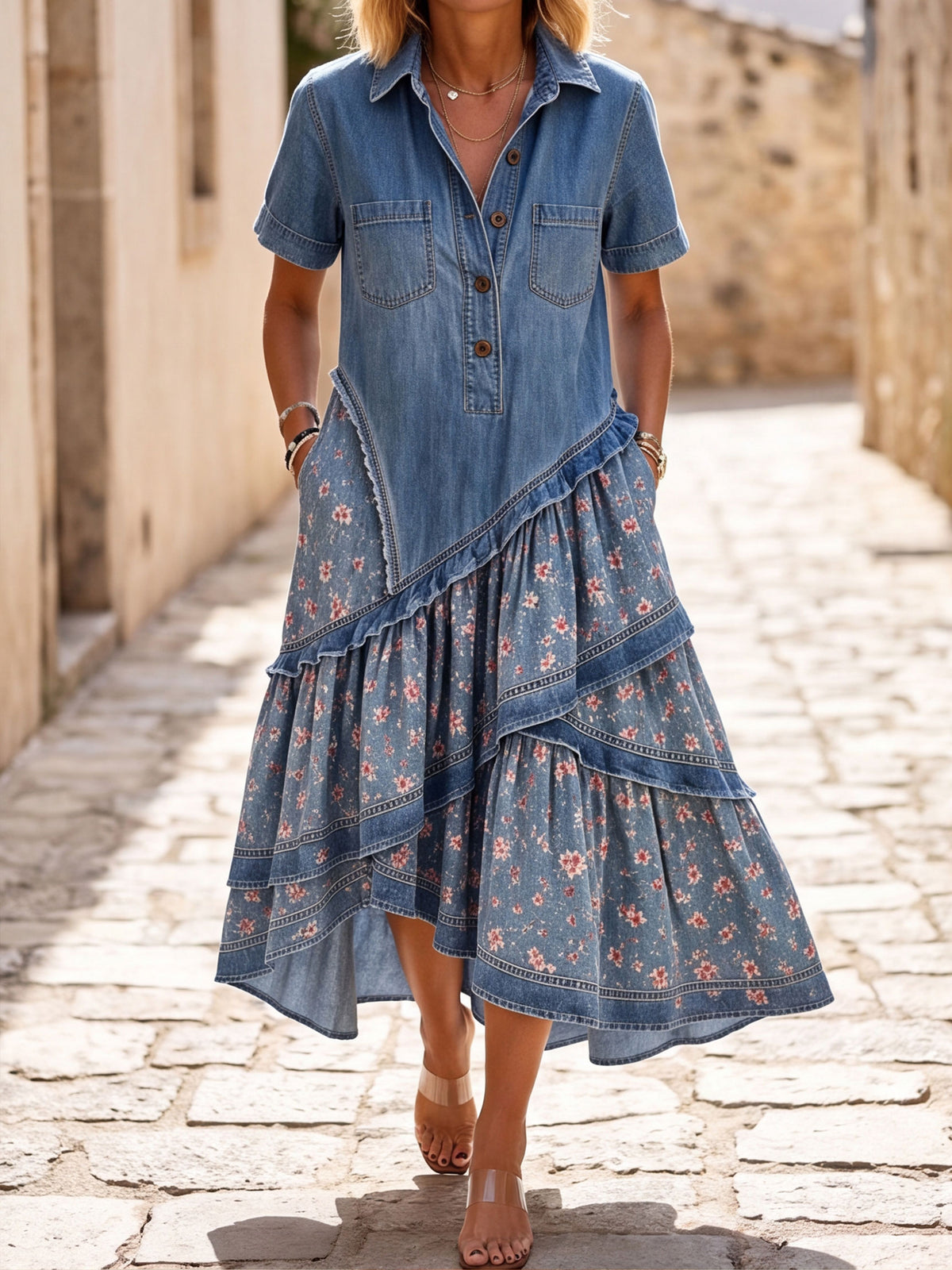 Women's Denim Leopard Patchwork Asymmetrical Tiered Maxi Dress With Pockets