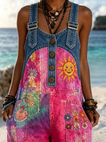 Women Rainbow Tie Dye Daisy Sun Print Denim Long Overalls