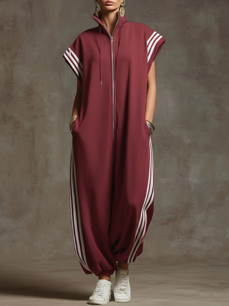 Women's Stand-collar Short-sleeved Casual Loose Cotton Wide-leg Jumpsuit