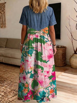Women’s Denim Spliced Tropical Floral Print Midi Shirt Dress With Pockets