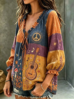 Women's Guitar Peace Patchwork Print Tie-Neck Blouse