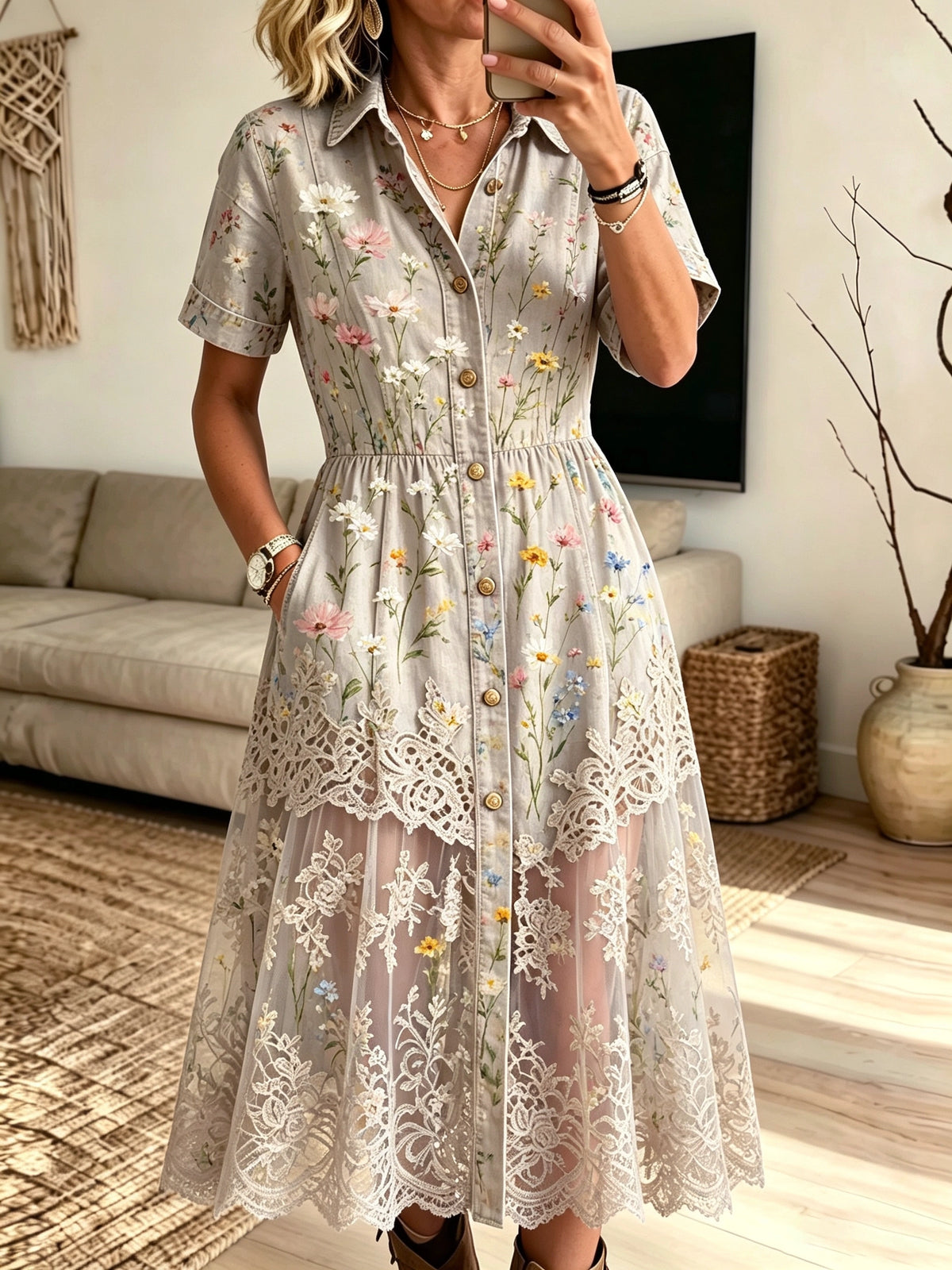 Women's Floral Lace Mesh Shirt Dress