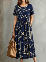 Women's Geometric Line Print Short Sleeve Drawstring Waist Midi Dress