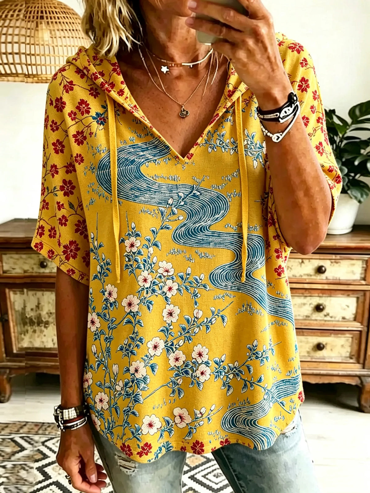 Women Oriental River Floral Art Print Hooded Short Sleeve Top