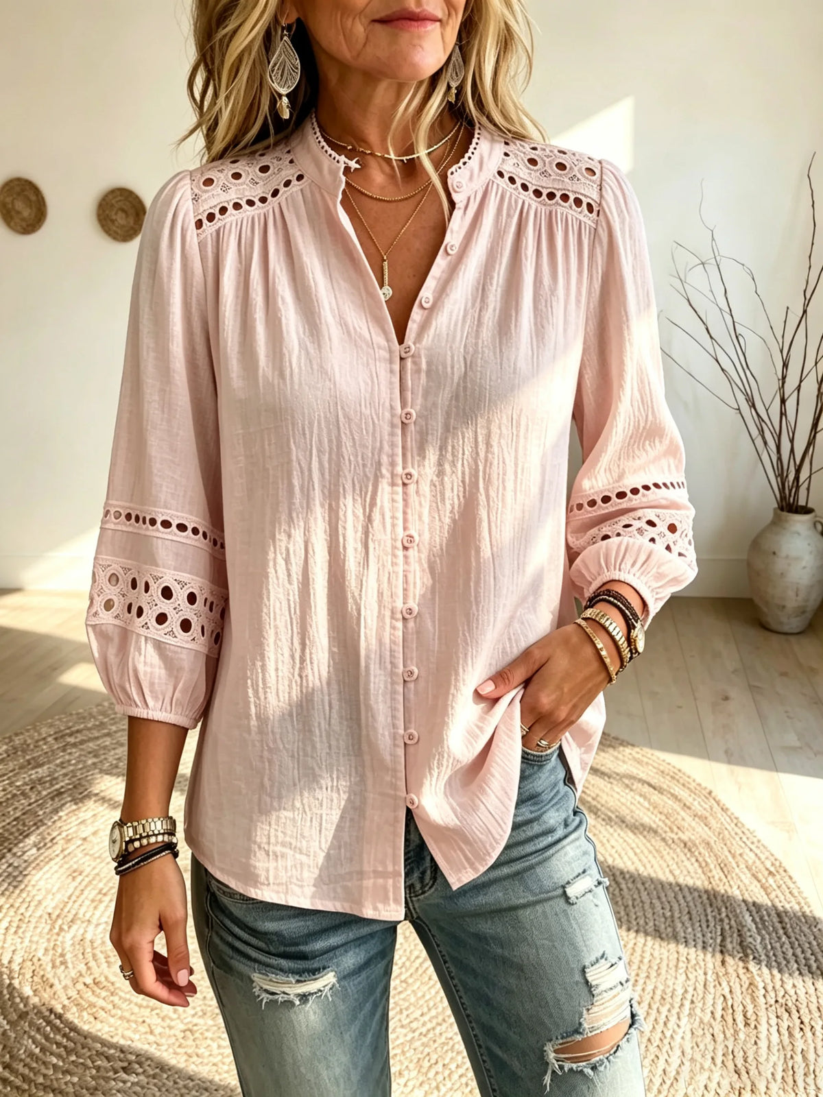 Women's Hollow Eyelet Texture Stand Collar 3/4 Puff Sleeve Blouse