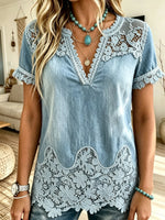 Women's Wavy Floral Lace Panel V-Neck Short Sleeve Washed Denim Top