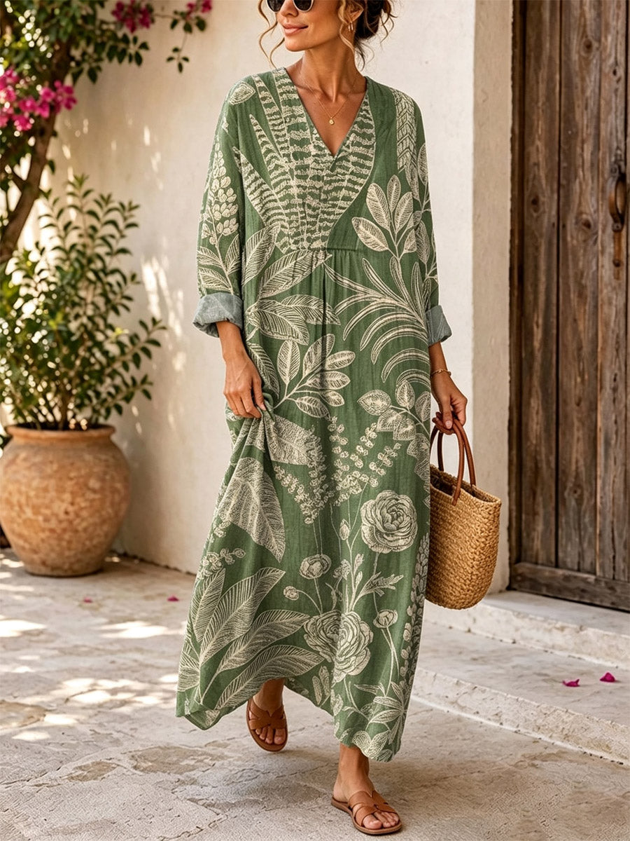 Retro Floral Pattern Art Print Casual V-neck Long Sleeve Cotton Linen Maxi Dress