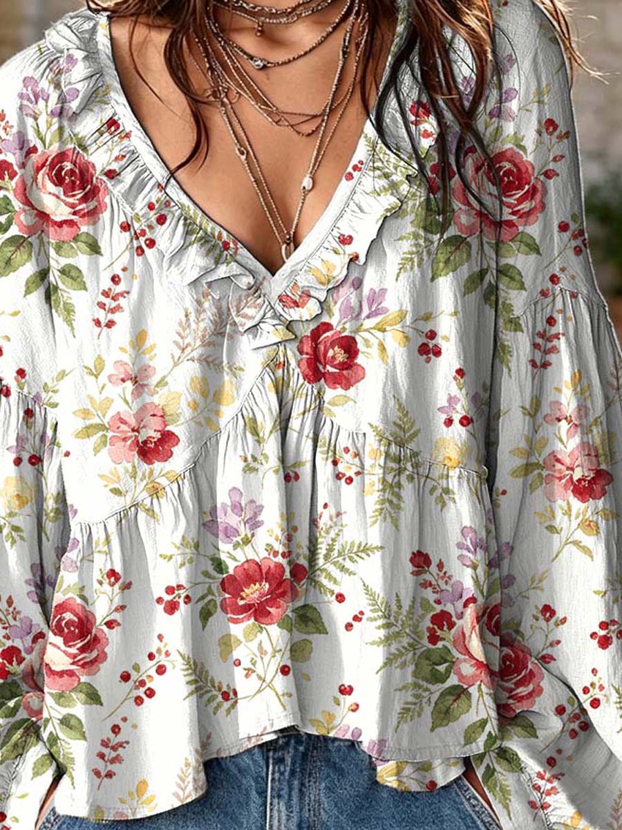 Women's Floral Pattern Art Print Ruffle Casual Long Sleeve Cotton Linen Shirt