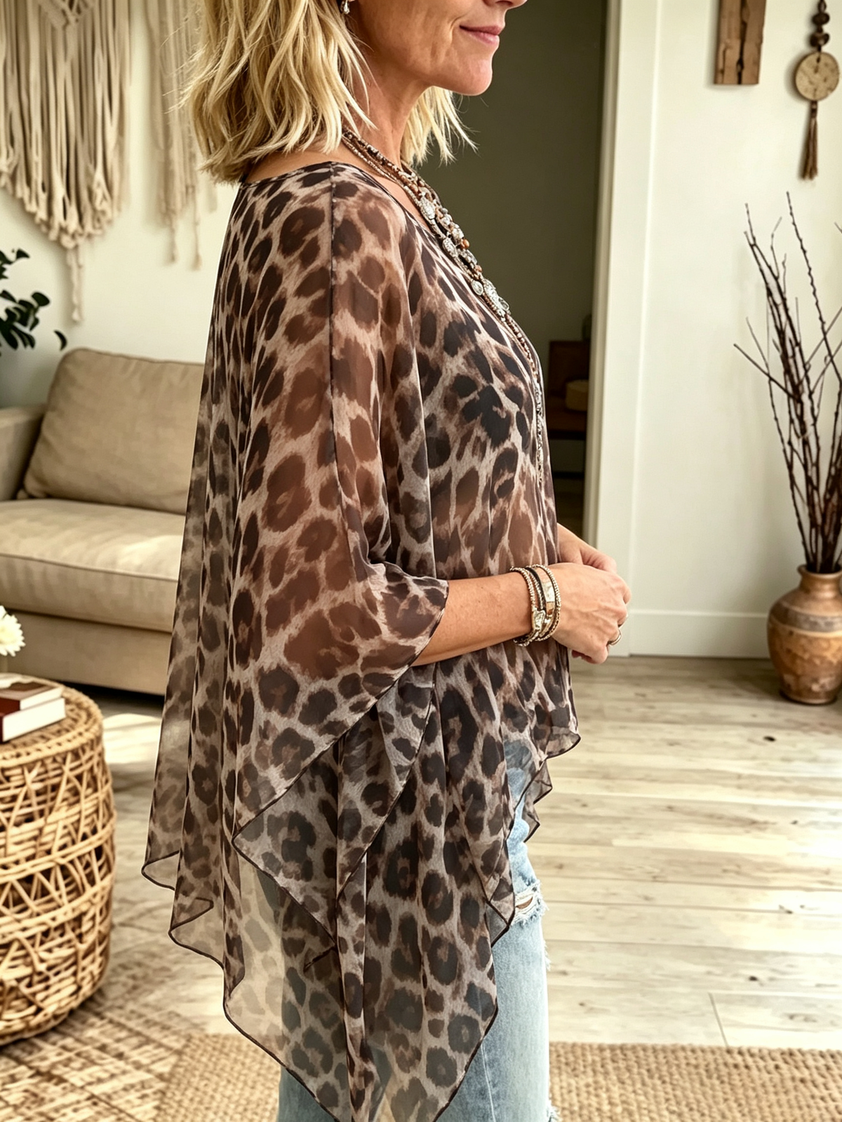 Women's Leopard Sheer Poncho Top