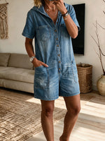 Women’s Hooded Button Front Washed Denim Short Sleeve Romper With Pockets