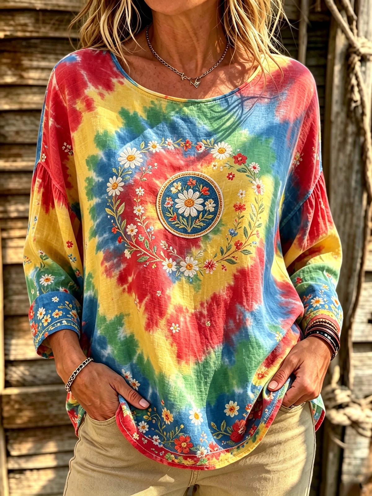 Women's Tie-Dye Floral Daisy Print Blouse