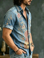 Men's Denim Floral Guitar Print Button-Up Shirt