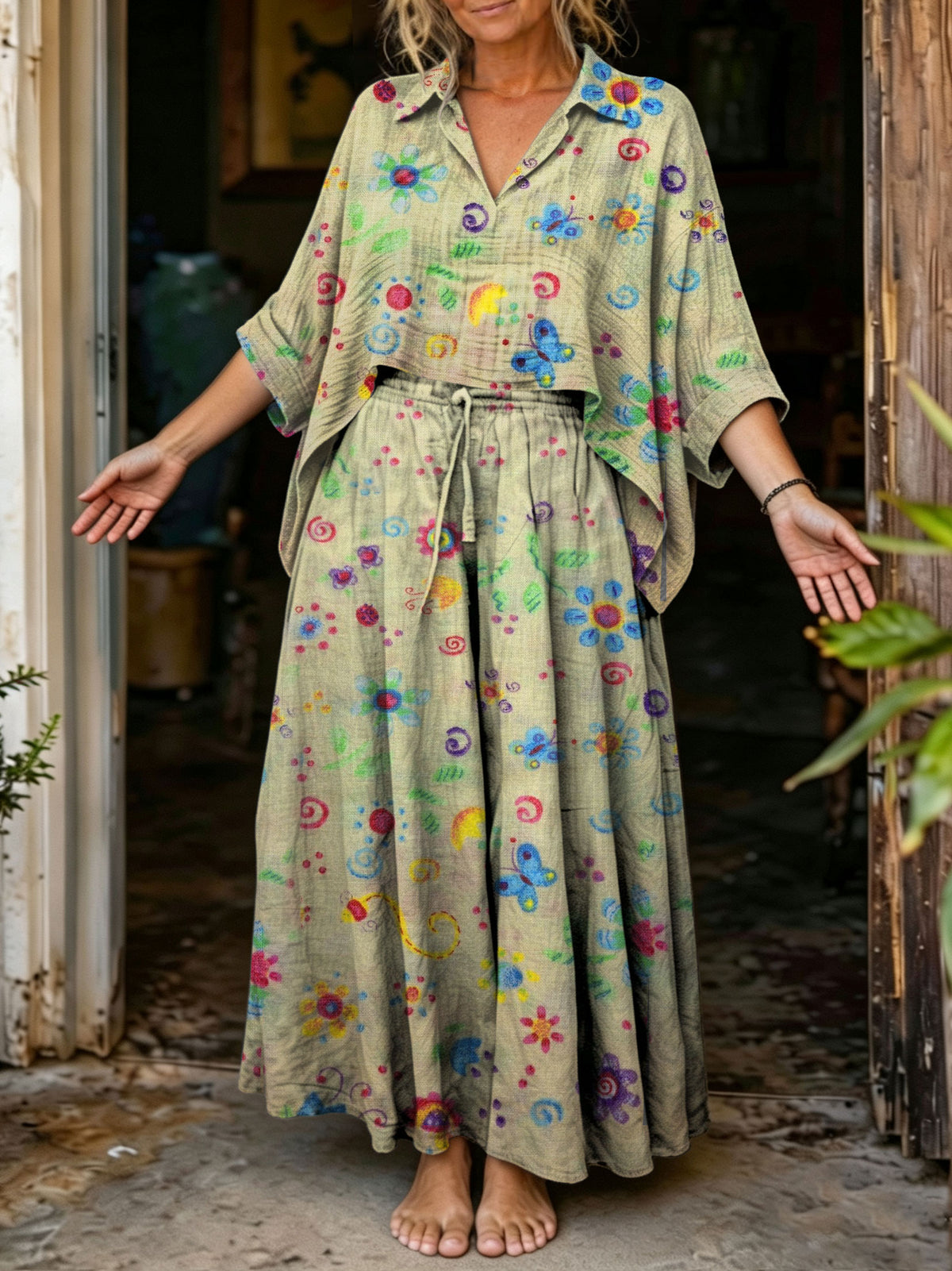 Women's Cute Colorful Butterfly Floral Print Oversized Shirt & Wide Leg Pants Boho 2 Piece Set