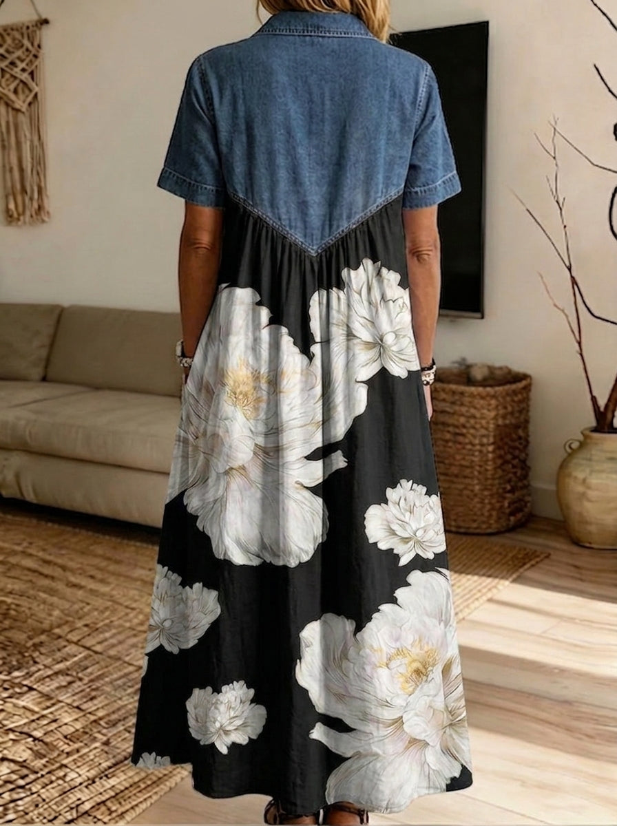 Women’s Denim Spliced White Peony Print Midi Shirt Dress With Pockets
