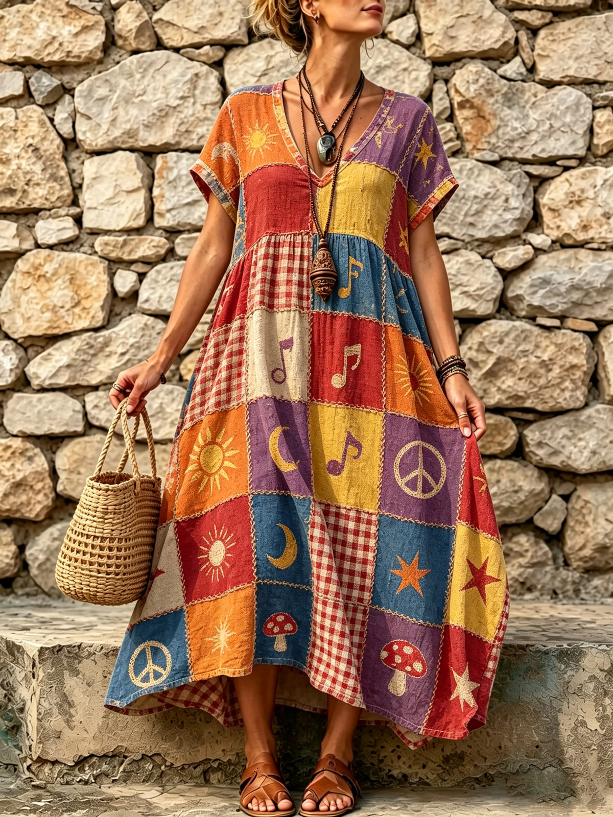 Women's Retro Patchwork Print Maxi Dress