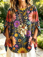 Women's Floral Pattern Art Print Casual Short Sleeve Cotton Linen Shirt