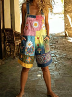 Women Patchwork Daisy Hippie Print Denim Short Overalls