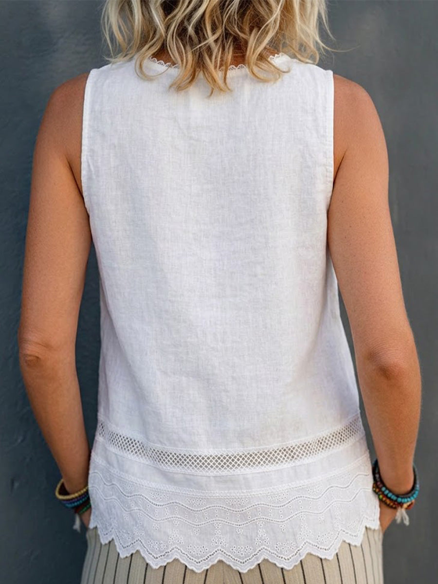 Sleeveless T-shirt With A Stylish Lace-trimmed Round Neck¡ªa Casual, Slimming Top