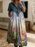 Women’s Denim Spliced Butterfly Wildflower Print Shirt Midi Dress With Pockets