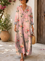 Retro Floral Pattern Art Print Casual V-neck Long Sleeve Cotton Linen Maxi Dress