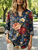 Women's Retro Floral Pattern Art Print Casual Long Sleeve Linen Shirt