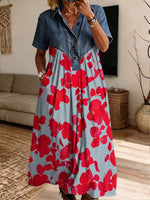Women’s Denim Spliced Red Big Floral Print Midi Shirt Dress With Pockets