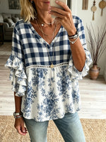 Women’s Blue White Plaid Floral Patchwork Ruffle Top