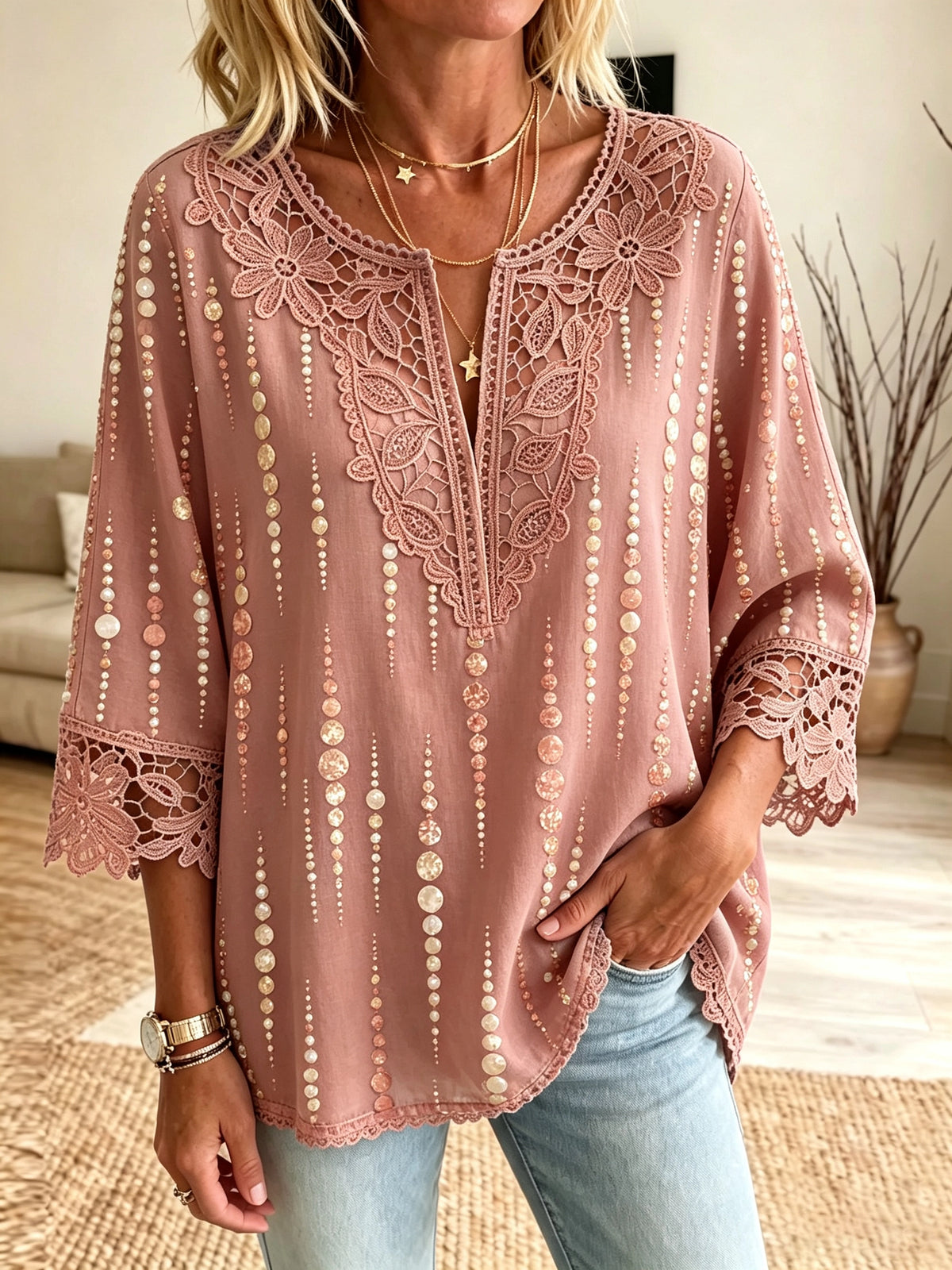 Women's Polka Dot Crochet Cutout Blouse
