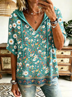 Women Daisy Paisley Art Print Hooded Short Sleeve Top
