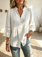 Women's Hollow Eyelet Texture Stand Collar 3/4 Puff Sleeve Blouse