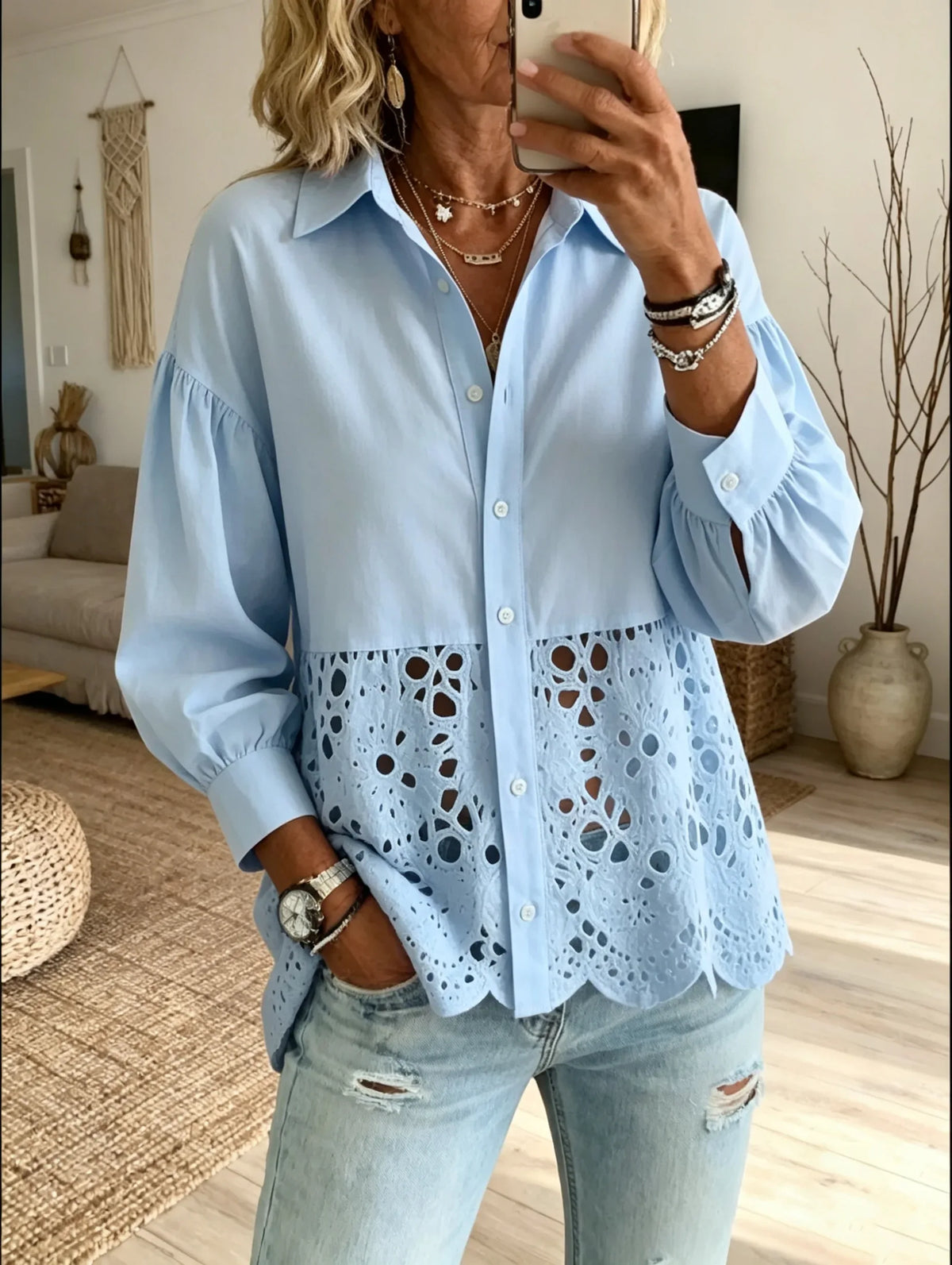 Women's Solid Color Hollow Embroidery Lapel Long Sleeve Shirt
