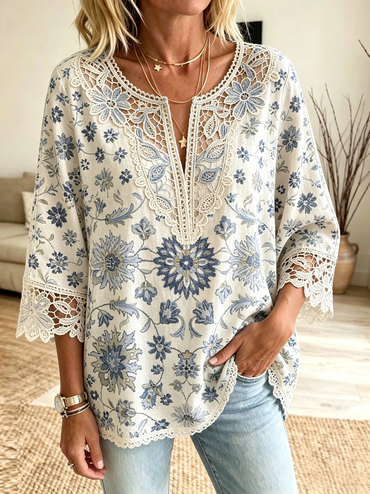 Women's Floral Crochet Cutout Blouse