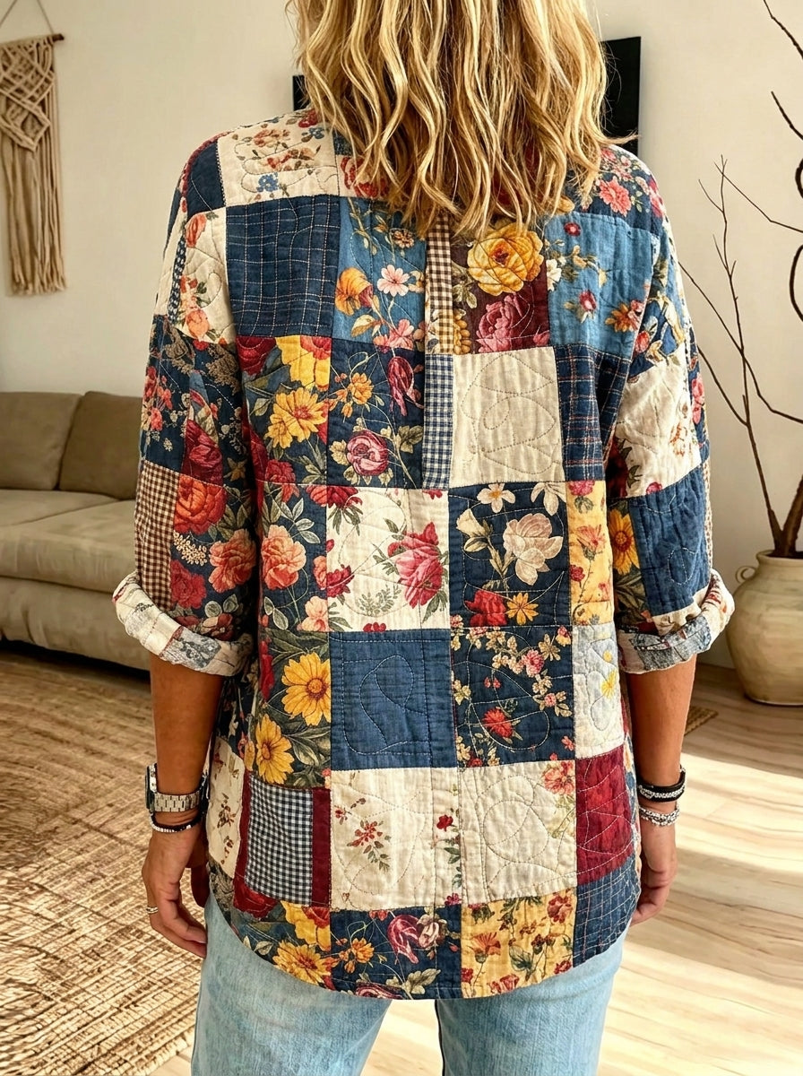 Women’s Vintage Quilted Patchwork Floral Plaid Ruffle Collar Loose Blouse