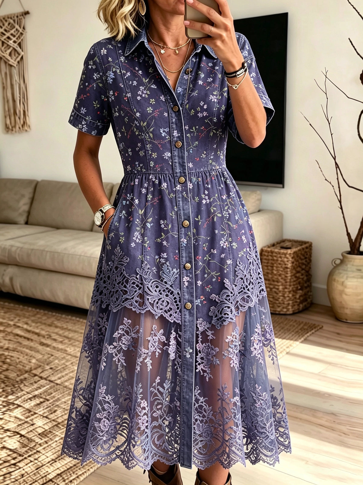 Women's Floral Lace Mesh Shirt Dress