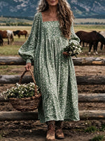 Women‘s Green Ditsy Floral Square Neck Balloon Sleeve Boho Midi Dress