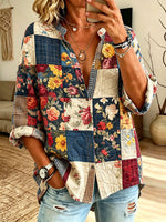 Women’s Vintage Quilted Patchwork Floral Plaid Ruffle Collar Loose Blouse