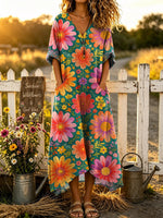 Women's Floral Pattern Art Print Casual V Collar Cotton Linen Long Dress
