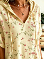 Women Vine Floral Art Print Hooded Short Sleeve Top