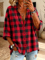 Vintage Elegant Button Long Sleeve Cotton And Linen Plaid Shirt