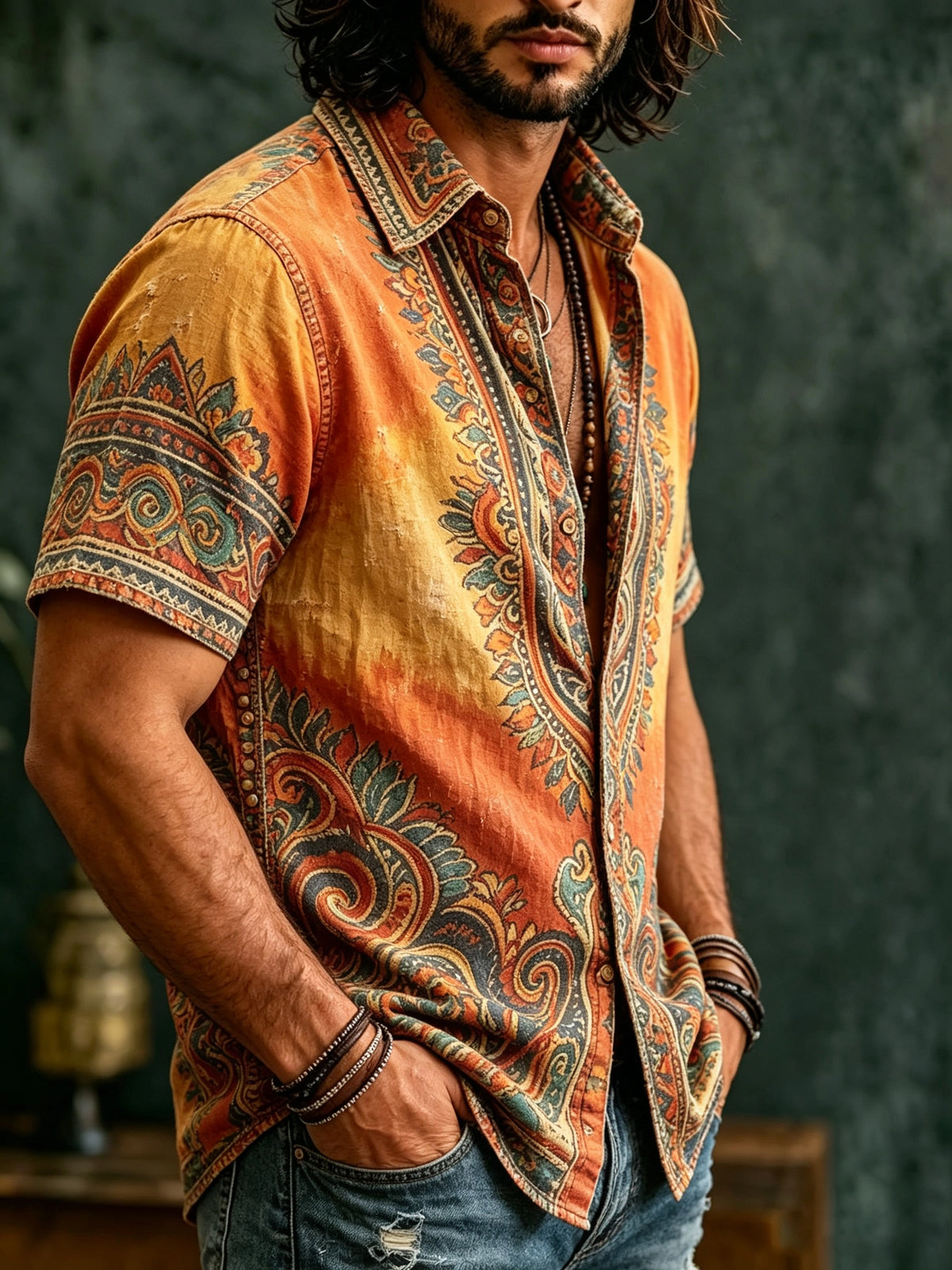 Men's Bohemian Mandala Print Button-Up Shirt