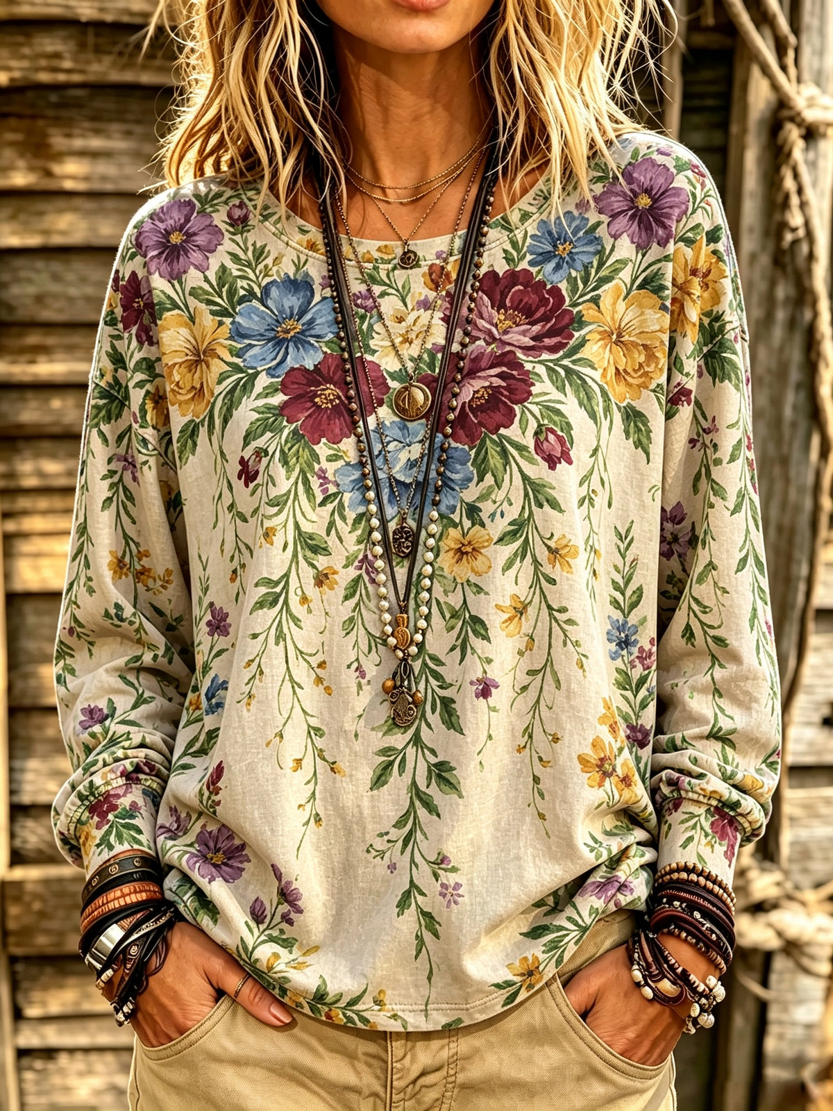 Women's Trailing Botanical Print Long Sleeve Top