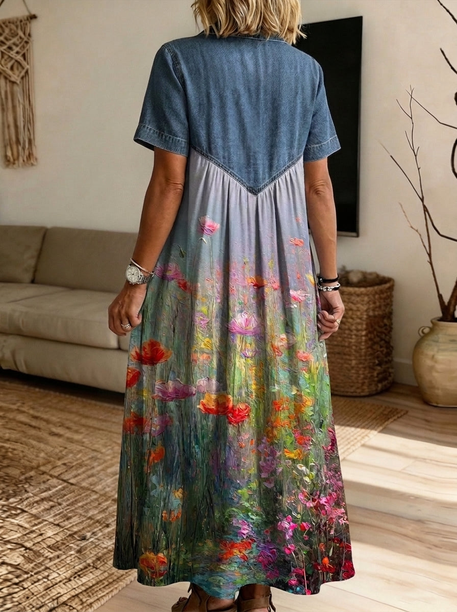Women’s Denim Spliced Wildflower Oil Painting Print Midi Shirt Dress With Pockets